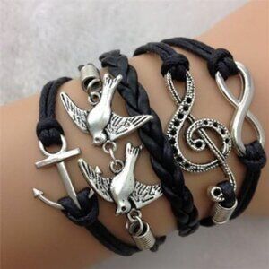 Handmade Braided Multi Layers Vintage Woven Rope Woven Leather Alloy Owl Bangle